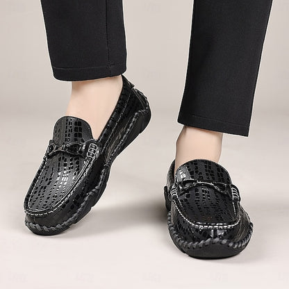 Men’s Black Moc-Toe Driving Loafers – Textured Crocodile