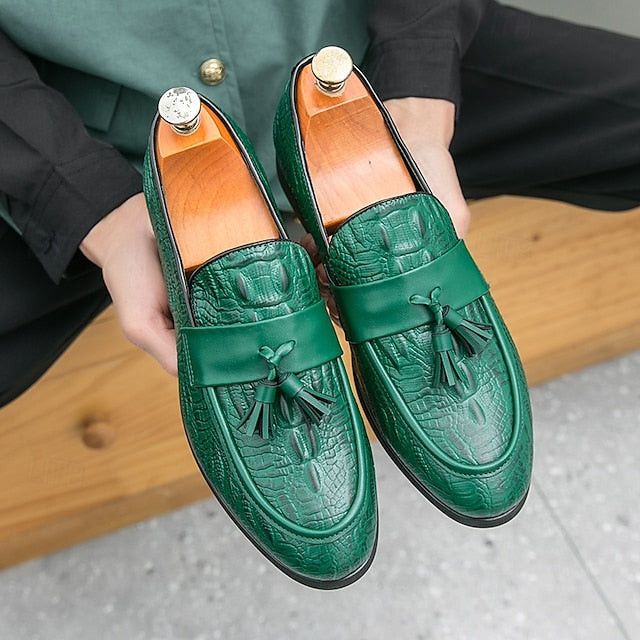 Men's Green Faux Leather Loafers with Crocodile Embossed