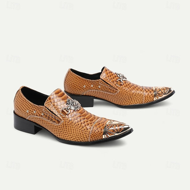 Men's Brown Snake Pattern Leather Slip-On Shoes with Metal