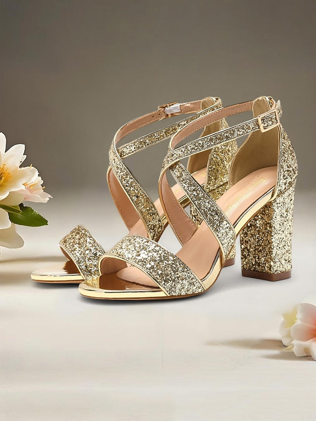 Heel Women's Sandals Block Glitter Gold