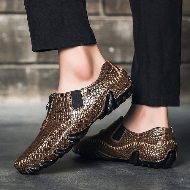 Men's Crocodile Pattern Leather Loafers - Stylish Slip-On