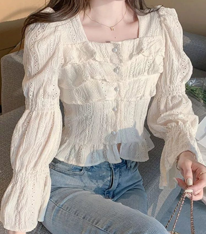 Square Neck Plain Ruffle Trim Blouse
