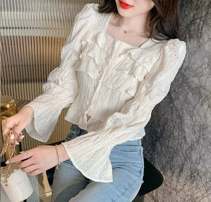 Square Neck Plain Ruffle Trim Blouse