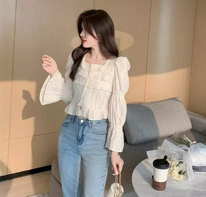 Square Neck Plain Ruffle Trim Blouse