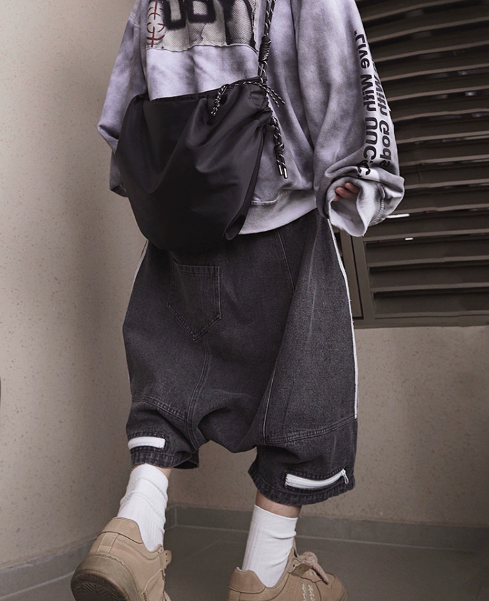 Plus Size Dark Gray Striped Zippered Elastic Waist Men Shorts Summer