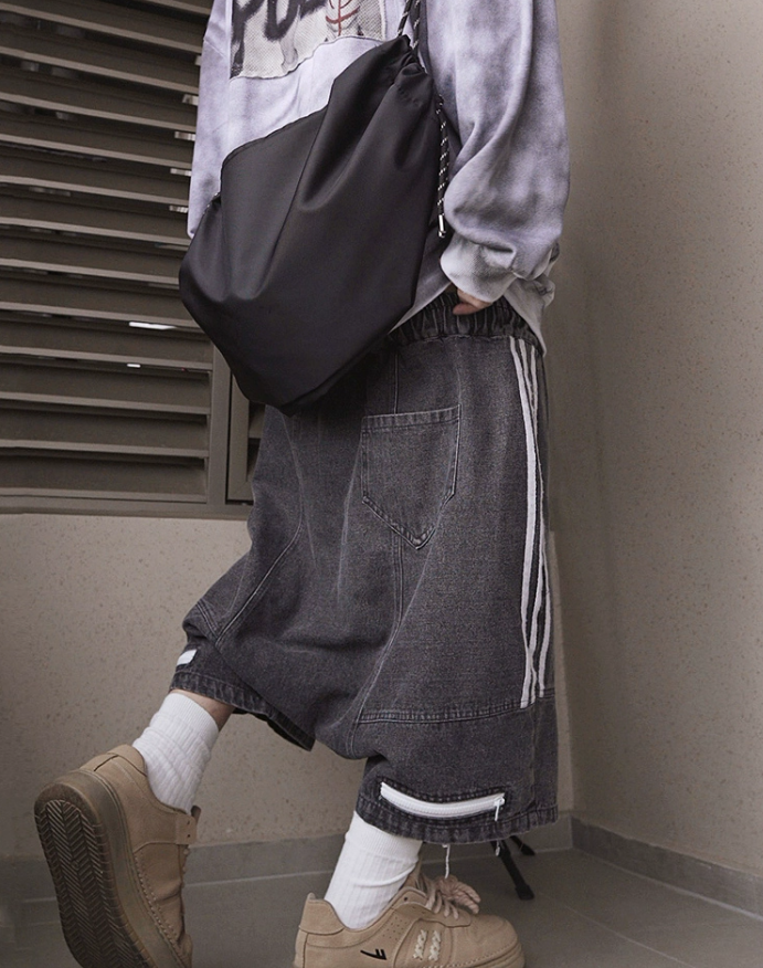 Plus Size Dark Gray Striped Zippered Elastic Waist Men Shorts Summer