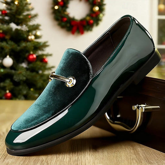 Leather Faux Green Gold Loafers Decorative Men's Loops with