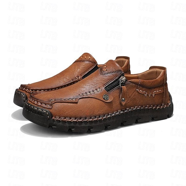 Men's Brown Faux Leather Slip-On Loafers with Side Zipper