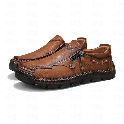 Men's Brown Faux Leather Slip-On Loafers with Side Zipper