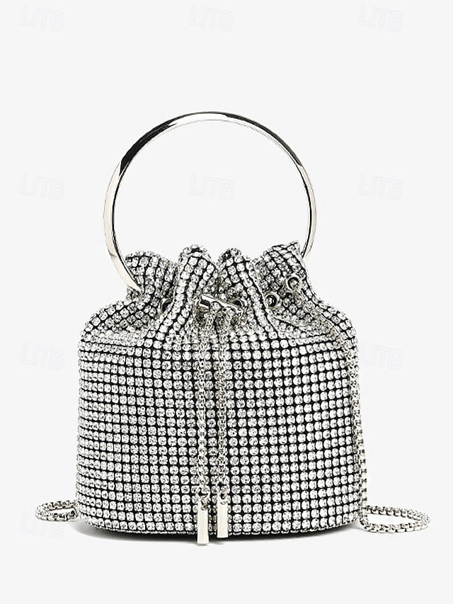 Bucket Bag Sparkling Silver Women's Rhinestone with Metal