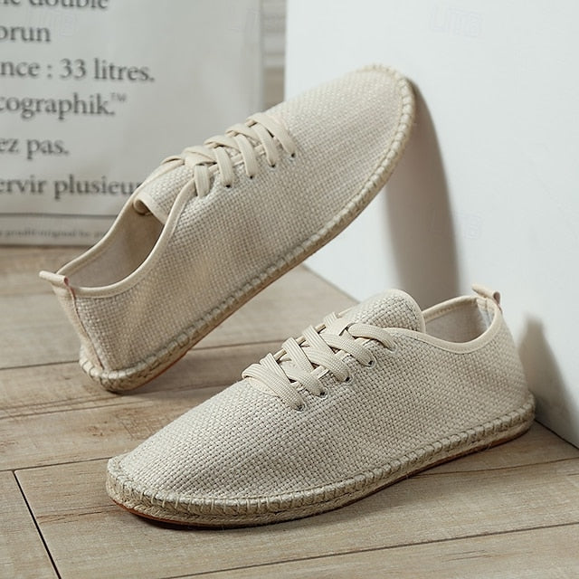 Men's Beige Canvas Lace-Up Espadrille Shoes with Jute Rope