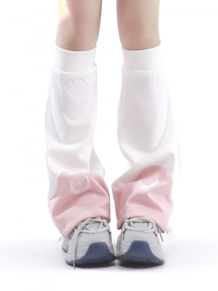 Moon and Star Embroidery Leg Warmers Pink and White