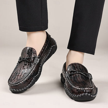 Men’s Black Moc-Toe Driving Loafers – Textured Crocodile
