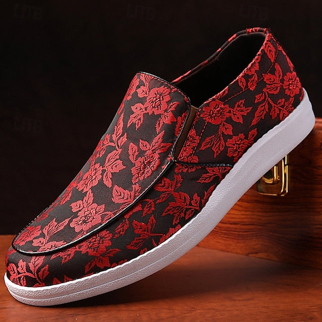 Men's Floral Jacquard Slip-On Loafers – Red and Black