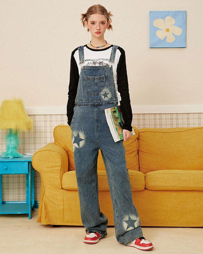 Y2K Star Denim Overalls