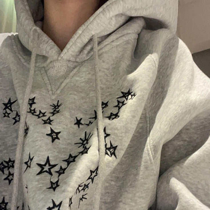 grey Stars Embroidery Hoodie, aesthetic oversized hoodie for women - boogzel clothing