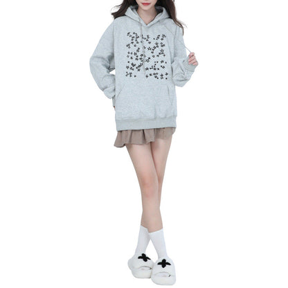 grey Stars Embroidery Hoodie, aesthetic oversized hoodie for women - boogzel clothing