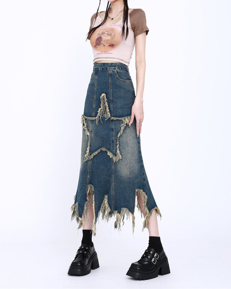 Y2K Star Long Denim Skirt