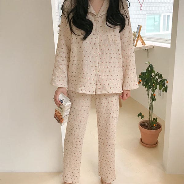 Sweet Cherry Pajama Set - S / Beige - Suits