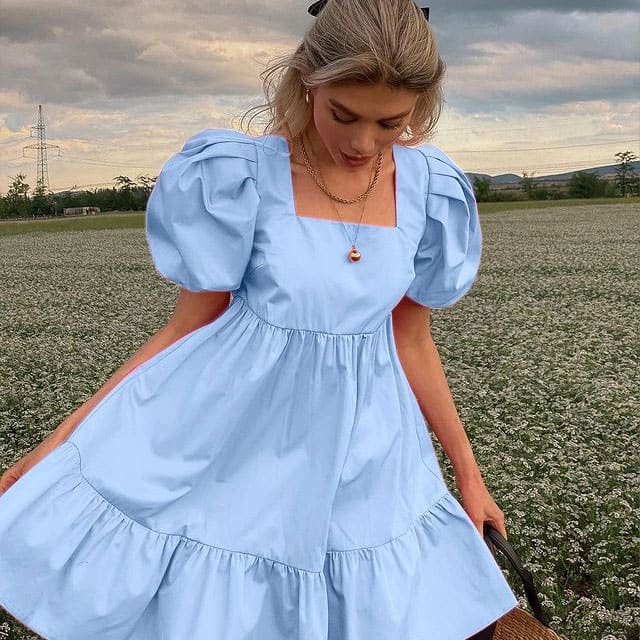 Sweet Puff Sleeve Dress - S / Blue - Dresses