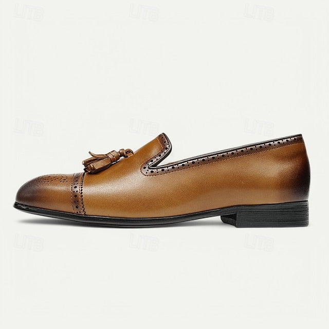 Men's Brown Leather Tassel Loafers with Brogue Detailing,