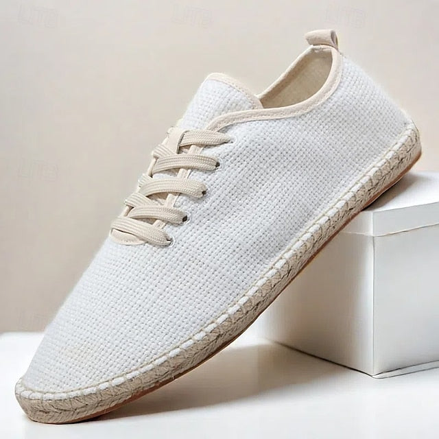 Men's Beige Canvas Lace-Up Espadrille Shoes with Jute Rope