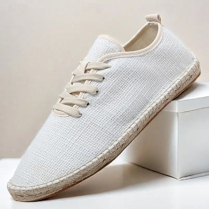Men's Beige Canvas Lace-Up Espadrille Shoes with Jute Rope
