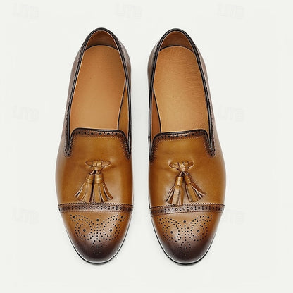 Men's Brown Leather Tassel Loafers with Brogue Detailing,