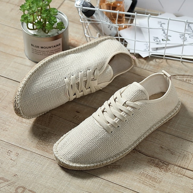 Men's Beige Canvas Lace-Up Espadrille Shoes with Jute Rope
