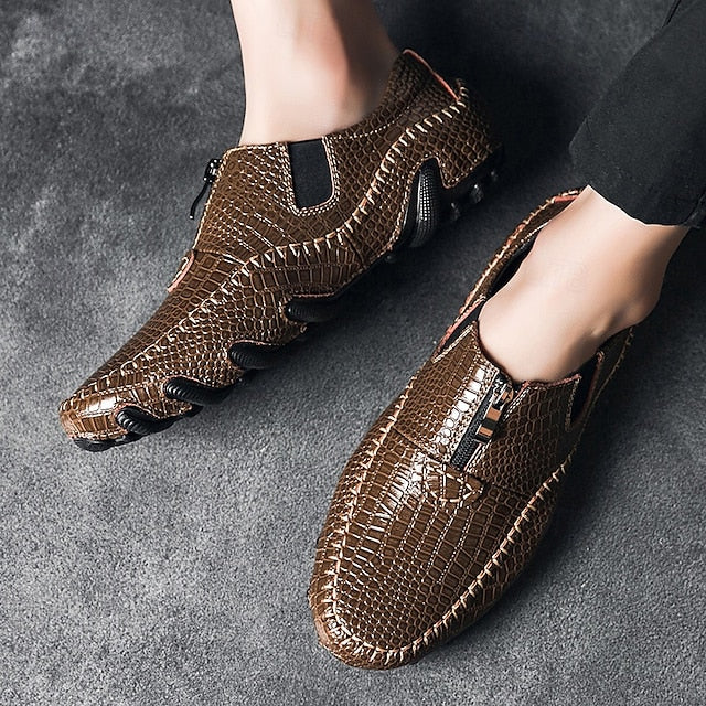 Men's Crocodile Pattern Leather Loafers - Stylish Slip-On