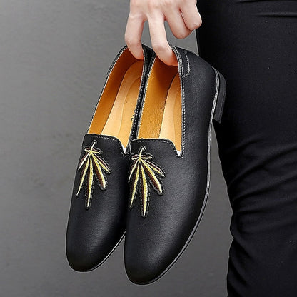 Men's Prom Shoes - White Faux Leather Loafers with Feather