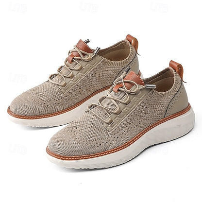 Men's Shoes Beige Knit Lace-Up Sneakers with Lightweight