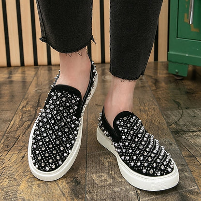 Men's Black Slip-On Shoes with Pearl Detailing - Elegant