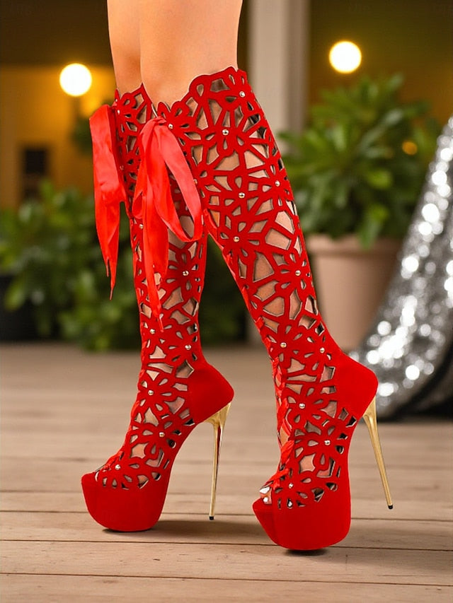 Women's Platform Boots Peep Knee Sexy Stiletto High Cutout
