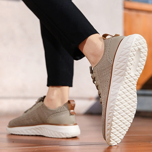 Men's Shoes Beige Knit Lace-Up Sneakers with Lightweight