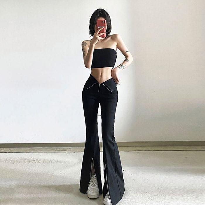 Trendy Zip Up Flared Pants - Pants