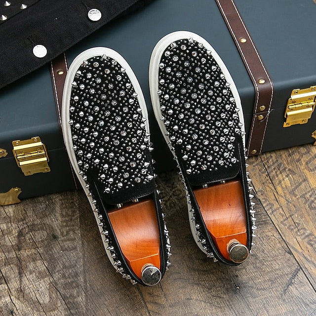 Men's Black Slip-On Shoes with Pearl Detailing - Elegant