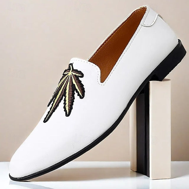 Men's Prom Shoes - White Faux Leather Loafers with Feather
