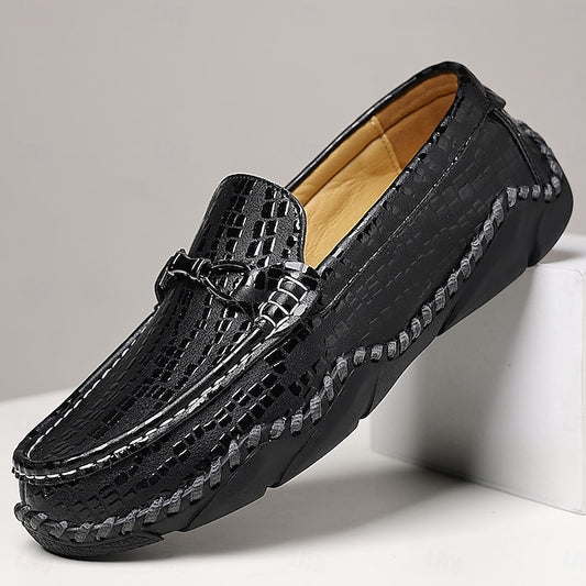 Men’s Black Moc-Toe Driving Loafers – Textured Crocodile