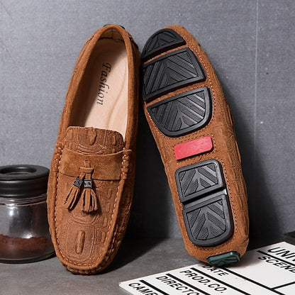 Men's Brown Faux Suede Loafers with Tassel Detail and
