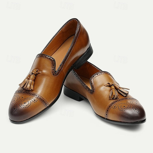 Men's Brown Leather Tassel Loafers with Brogue Detailing,