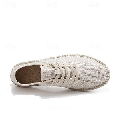 Men's Beige Canvas Lace-Up Espadrille Shoes with Jute Rope