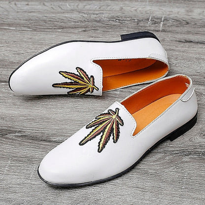 Men's Prom Shoes - White Faux Leather Loafers with Feather