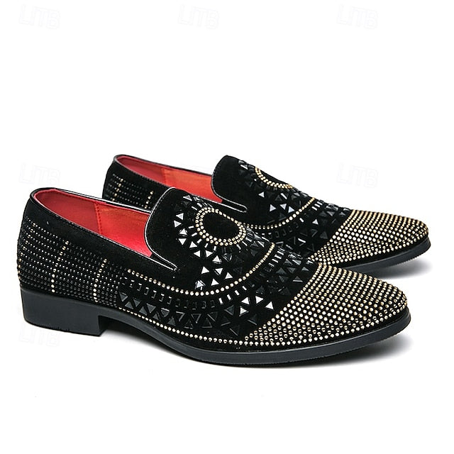 Men's Prom Shoes - Black Studded Velvet Loafers with Spiral