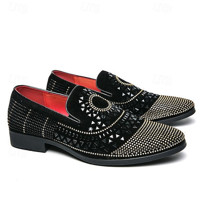 Men's Prom Shoes - Black Studded Velvet Loafers with Spiral