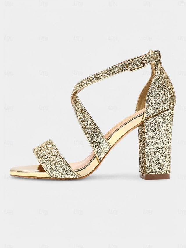 Heel Women's Sandals Block Glitter Gold
