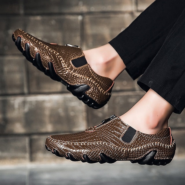 Men's Crocodile Pattern Leather Loafers - Stylish Slip-On