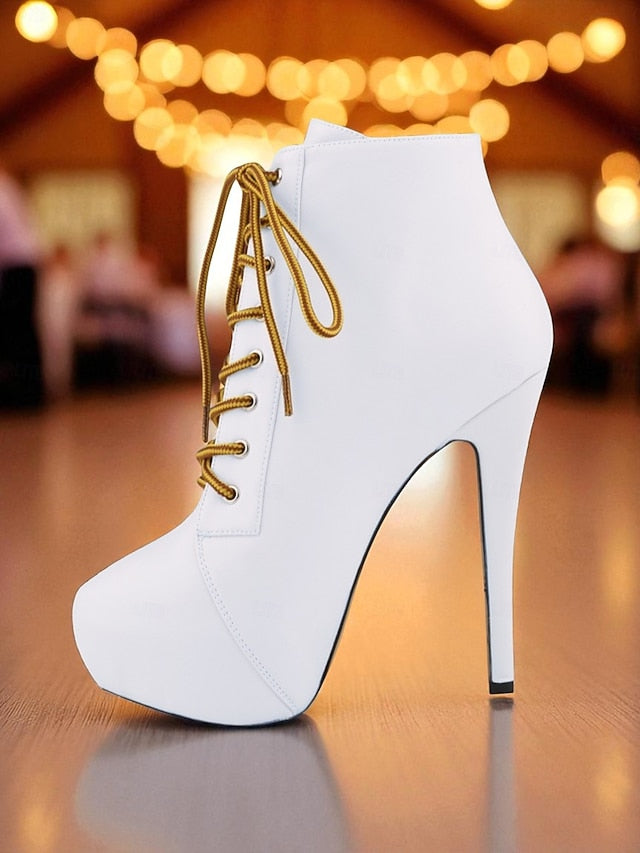 Faux Ankle Women's Lace-Up Boots Beige Platform - Leather