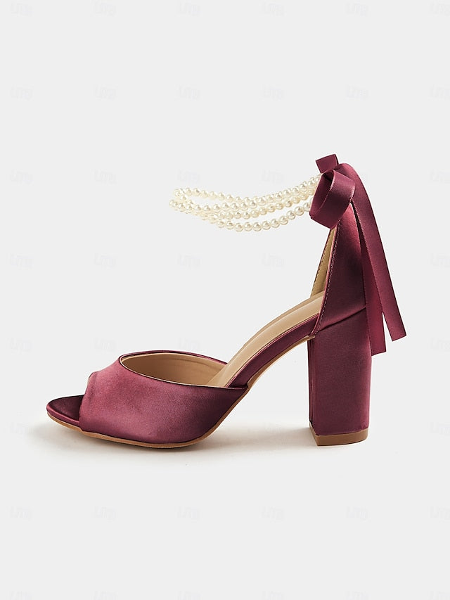 Heel Satin Pearl Block Ankle with Women's Peep-Toe Sandals