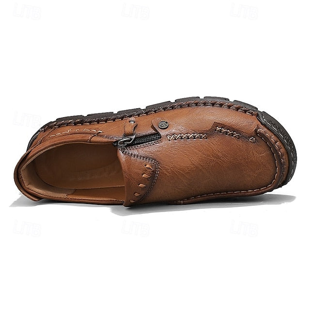 Men's Brown Faux Leather Slip-On Loafers with Side Zipper